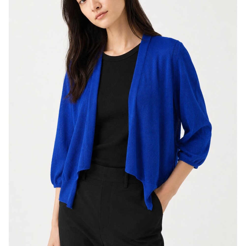 Alfani Women S Cobalt Blue Open Front Cardigan 3/4 Puff Sleeve Lightweight Knit